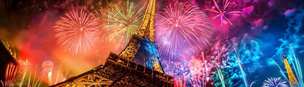 Ein lebendiges Feuerwerk beleuchtet den Himmel über dem Eiffelturm und schafft eine atemberaubende und farbenfrohe Nachtszene in Paris