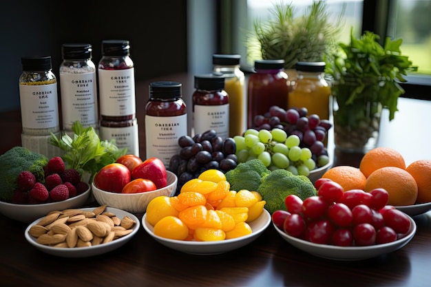 Ein lebendiges Foto mit auffälligen Lebensmitteln, Schüsseln mit Nahrungsergänzungsmitteln, Beeren und Nüssen Erfahren Sie mehr über ihre Nährstoffe für eine optimale Augengesundheit