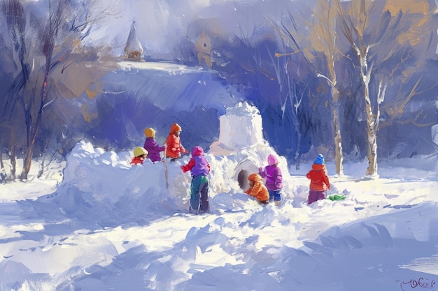Ein lebendiges Gemälde, das die freudige Szene von Kindern aufzeigt, die zusammen in einer verschneiten Landschaft spielen.