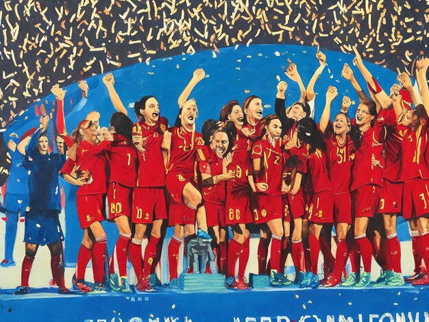 Ein lebendiges Gemälde der spanischen Frauen-Fußballnationalmannschaft in siegesfreudigen Momenten