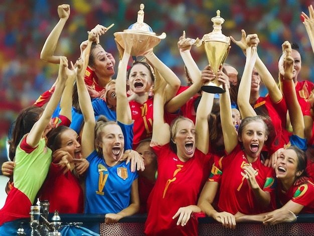 Ein lebendiges Gemälde der spanischen Frauen-Fußballnationalmannschaft in Siegesmomenten