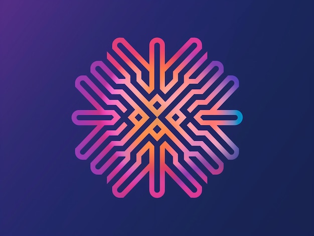 Ein lebendiges geometrisches Schneeflocken-Design in Pink, Orange und Lila auf einem dunkelblauen Hintergrund