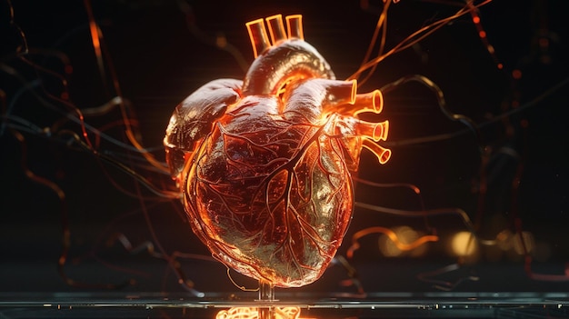 Ein lebendiges glühendes Herz inmitten eines Netzwerks von Arterien, das in einem 3D-Bild mit hoher Auflösung mit einer Stimmung dargestellt wird