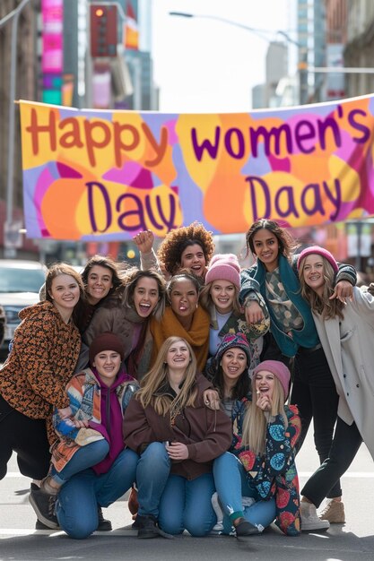 ein lebendiges Gruppenfoto verschiedener Frauen, die den Frauentag feiern