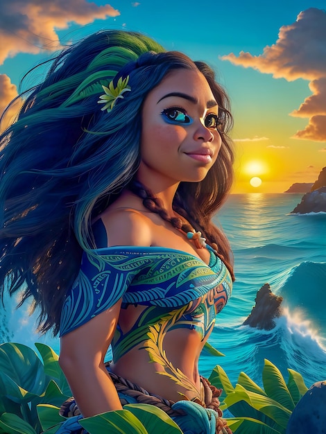 Ein lebendiges handgemaltes Porträt von Moana, umgeben von einem wirbelnden Ozean aus Blau und Grün