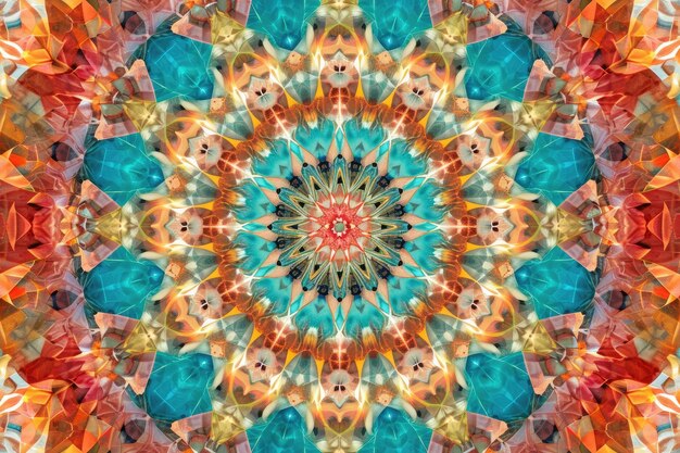 Ein lebendiges Kaleit-Design mit einer kräftigen roten, gelb-blauen und grünen Blume Ein abstraktes Kaleidoskopmuster, das den gesamten Hintergrund füllt KI generiert