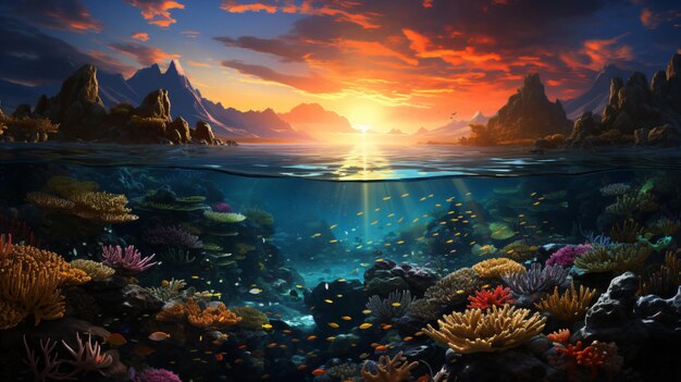 Ein lebendiges Korallenriff in einem Unterwasserparadies, umrahmt von einem atemberaubenden Sonnenuntergang