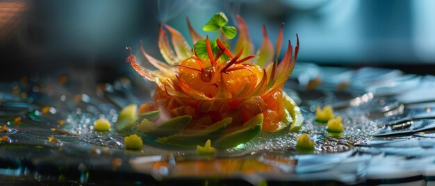 Ein lebendiges künstlerisches Gericht mit farbenfrohen essbaren Blumen und Garnituren, das unter sanfter Beleuchtung ausgestellt wird