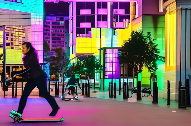 Ein lebendiges, mit Neon beleuchtetes Stadtbild mit zwei jungen Frauen auf einem elektrischen Roller im Vordergrund