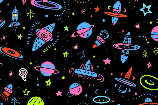 Ein lebendiges, nahtloses Muster aus skurrilen Raketen und Planeten auf einem sternigen Weltraum-Hintergrund, ideal für Textilien und Tapeten