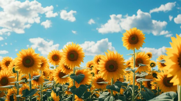 Ein lebendiges Sonnenblumenfeld unter einem sonnigen blauen Himmel mit flauschigen Wolken