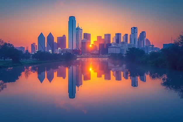 Ein lebendiges Stadtbild der Innenstadt von Dallas Texas bei Sonnenaufgang mit einer Reflexion auf dem Trinity River