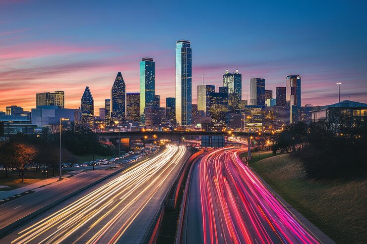 Ein lebendiges Stadtbild von Houston, Texas, mit Wolkenkratzern gegen einen bunten Sonnenuntergang