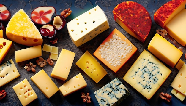 Ein lebendiges Stillleben mit einer Vielzahl von Käsesorten, die in einem farbenfrohen Mosaik angeordnet sind