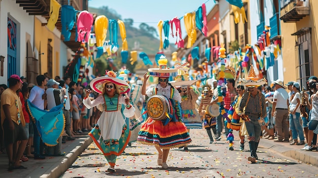 Ein lebendiges Straßenfestival mit Menschen in farbenfrohen Kostümen, die tanzen und Musik spielen.