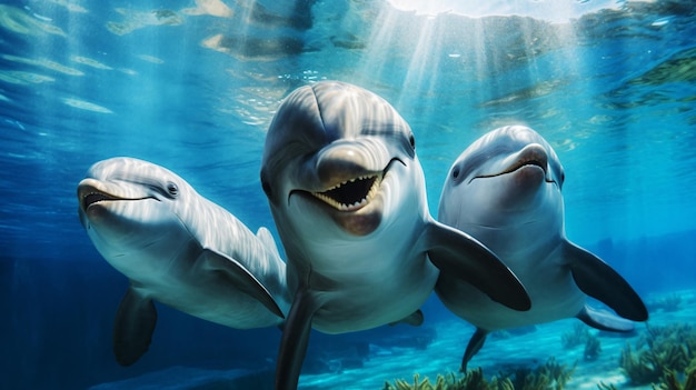 Ein lebendiges Trio von Delfinen schwimmt anmutig in kristallklarem Wasser