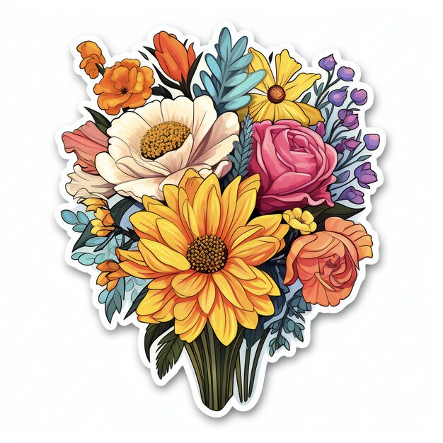 Ein lebendiges und charmantes Aufkleberdesign, das eine Auswahl an verschiedenen Blumenarten zeigt