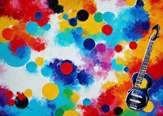 Ein lebendiges und dynamisches Gemälde, das die Essenz der Musik durch eine Gitarre erfasst, die von Splash umgeben ist