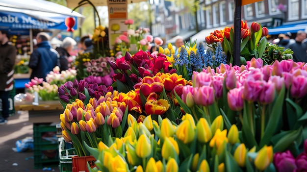 Foto ein lebendiges und farbenfrohes bild eines blumenmarktes die tulpen sind in voller blüte und die farben sind hell und auffällig