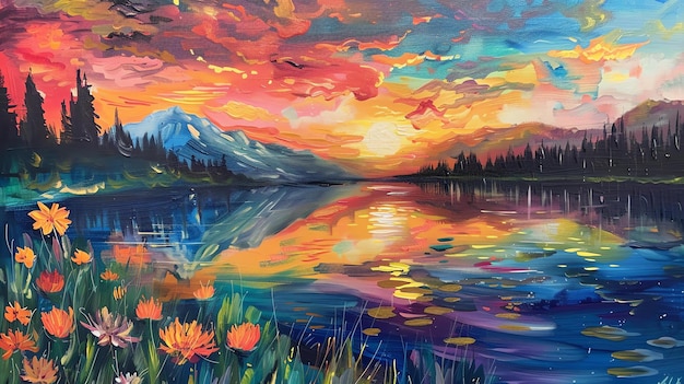 Ein lebendiges und farbenfrohes Landschaftsgemälde eines Sees und der Berge bei Sonnenuntergang Der Himmel ist voller Farben und das Wasser spiegelt die lebendigen Farben wider