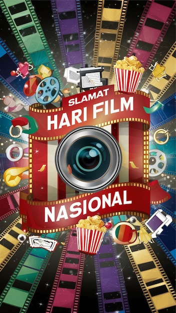 Ein lebendiges und festliches Selamat Hari Film Nasional-Banner, geschmückt mit farbenfrohen Filmrollen