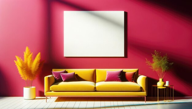 Ein lebendiges Wohnzimmer mit einer tiefen rosa Wand und einem modernen gelben Sofa mit einer großen leeren Leinwand