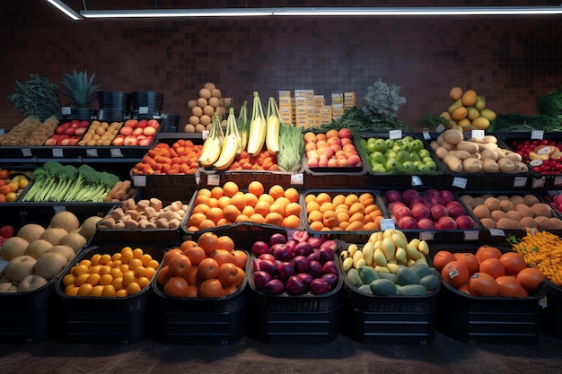 Ein Lebensmittelgeschäft mit ausgestelltem Obst und Gemüse.