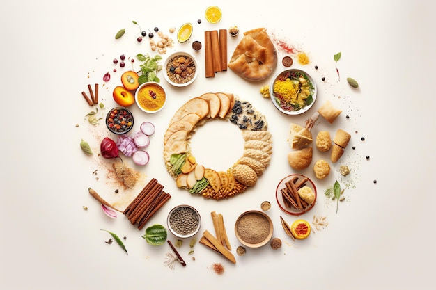 Ein Lebensmittelkreis mit verschiedenen Brotsorten und Gewürzen drumherum.