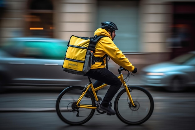 Ein Lebensmittellieferant rast mit seinem Fahrrad durch eine geschäftige Stadt. Sein heller Rucksack ist in Bewegungsunschärfe zu sehen, während er durch den Verkehr navigiert. Generative KI