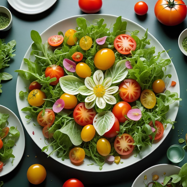 Foto ein lebhafter salat, der aus frischem grün, erbstücken, tomaten, essbaren blütenblättern und einem tropfen kräuter besteht