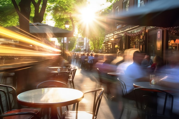 Ein lebhafter Stadtbiergarten an einem sonnigen Nachmittag