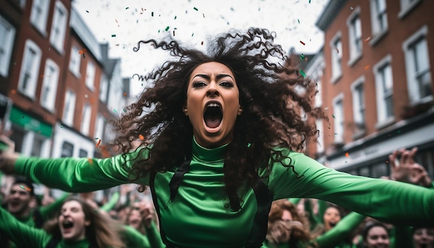 Ein lebhaftes Foto einer Tanzperformance bei einer St. Patrick's Day-Parade