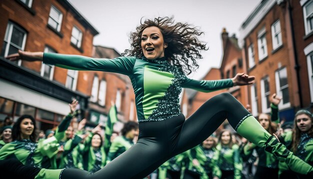 Ein lebhaftes Foto einer Tanzperformance bei einer St. Patrick's Day-Parade