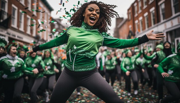 Ein lebhaftes Foto einer Tanzperformance bei einer St. Patrick's Day-Parade