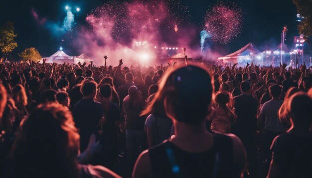 Ein lebhaftes Musikfestival im Freien mit tanzenden Menschenmassen und bunten Lichtern in hohem Detail