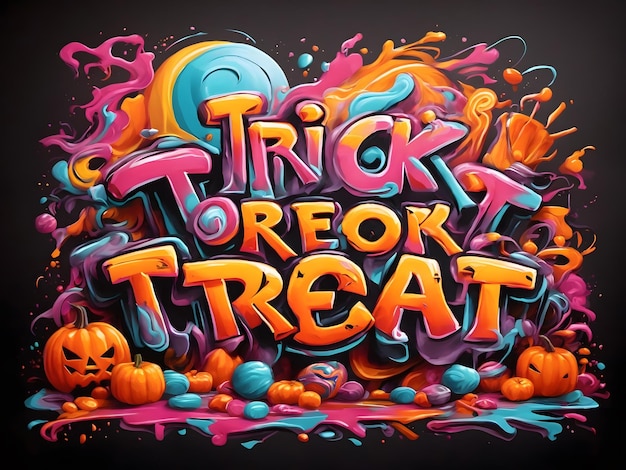 Foto ein lebhaftes t-shirt-design mit „trick or treat“-schriftzug im graffiti-stil mit leuchtenden bonbonfarben