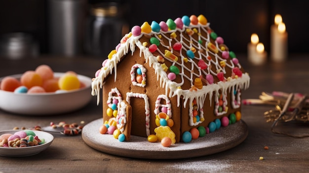 Ein Lebkuchenhaus mit einer Obstschale auf dem Tisch