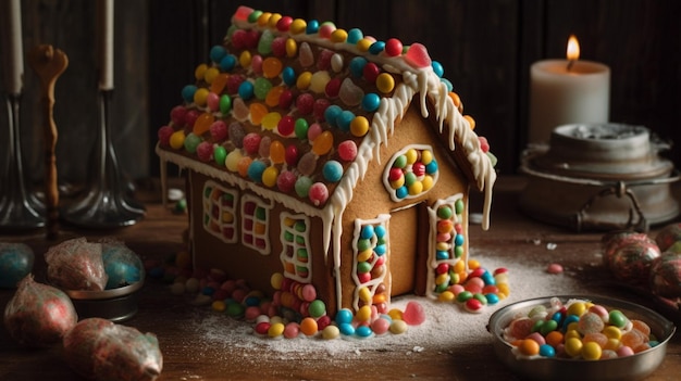 Ein Lebkuchenhaus mit einer Schüssel mit Süßigkeiten daneben.