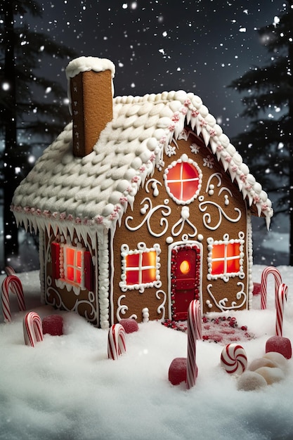 Ein Lebkuchenhaus mit Zuckerstangen und Lichtern