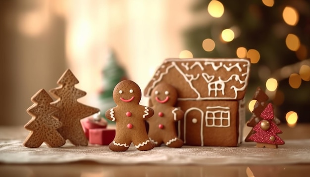 Ein Lebkuchenhaus und ein Haus mit einem Baum im Hintergrund