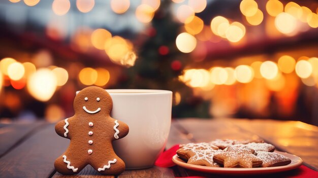 Ein Lebkuchenmann mit einer Tasse Heißgetränk und Keksen vor dem Hintergrund der Weihnachtsmarktbeleuchtung Design ai