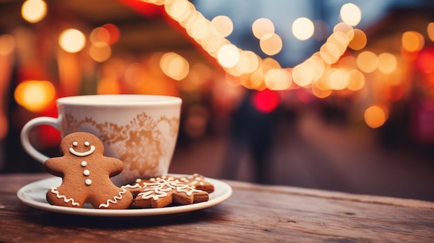 Ein Lebkuchenmann und eine Tasse Heißgetränk und Kekse vor dem Hintergrund der Weihnachtsmarktbeleuchtung Design ai