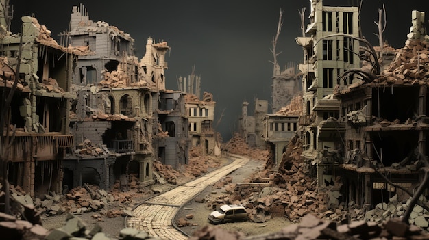 ein lebloses zerstörtes Stadtbild Illustration eines zerstörten Stadtbildes mit einem stimmungsvollen Ton