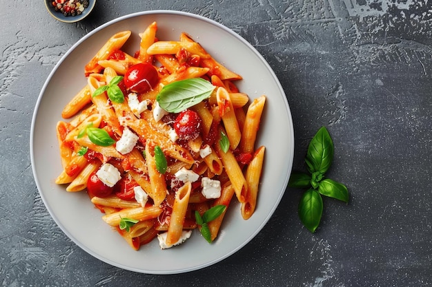 Foto ein leckeres und gesundes nudeltritt mit tomaten, basilikum und käse