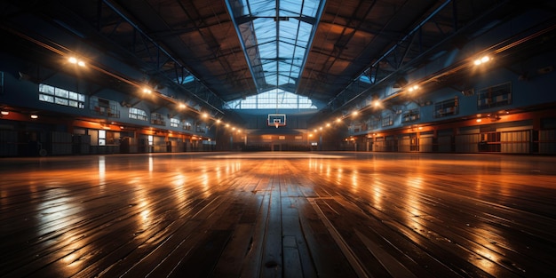 Foto ein leerer basketballplatz mit beleuchteten lichtern. fiktives bild