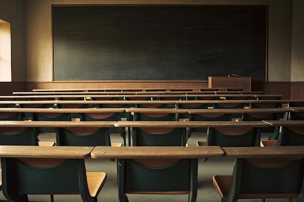 Ein leerer Hörsaal mit hölzernen Reihenstühlen und einer mit generativer KI erstellten Tafel