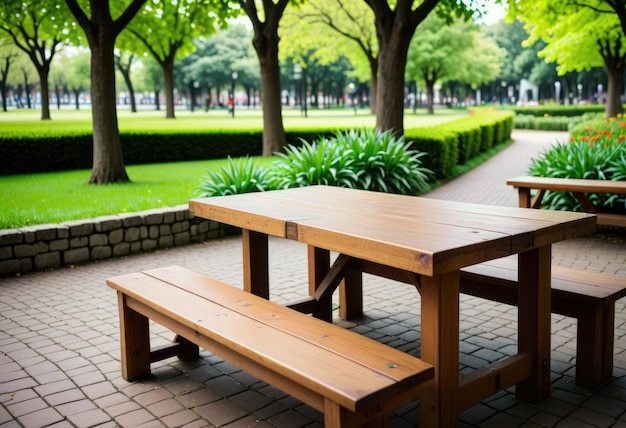 Ein leerer Holztisch sitzt im Garten und lädt Gäste ein, im Freipark zu Mittag zu essen