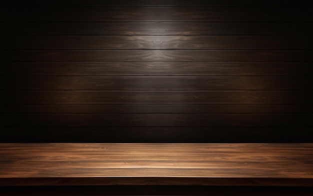 Ein leerer Holztisch zur Präsentation mit dunklem Hintergrund und isolierter Einbaubeleuchtung