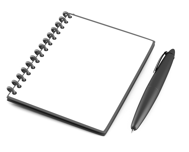 Ein leerer Notizblock mit schwarzem Stift auf weißem Hintergrund