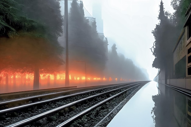 Ein leerer Personenbahnhof in der Stadt an einem bewölkten Abend. Generative KI